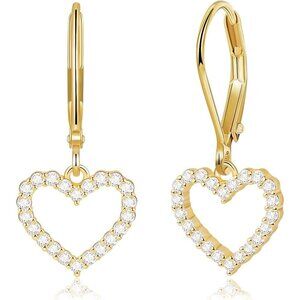 14K Dainty Gold-CZ Heart Leverback Dangle Drop Hypoallergenic Earring for Women
